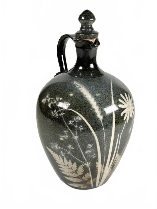 Other - Vintage Studio Stoneware Ewer Pitcher Decanter Black Botanical Floral Signed